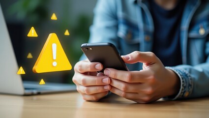 Person using a smart phone with a warning symbol.