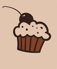 Flat Design Illustration with Cupcake at Hand Draw Doodle Style