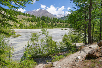 The glacial watercourse under Dom peak in Walliser alps.