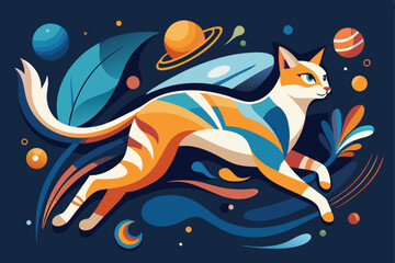 Obraz premium Whimsical cat in space abstract illustration with planets leaves and playful colorful design