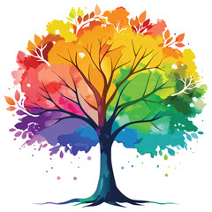 Fototapeta premium Watercolor illustration of a vibrant colorful tree with rainbow colored leaves and branches