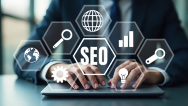 Businessperson working on seo with digital icons.