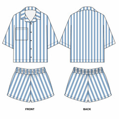 Set of drawings of pajama shirt and shorts, blue striped. Sketch of summer shorts with elastic band and short sleeved shirt, front and back view. Blank template of suit shorts and shirt with pocket.