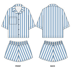 Vector set of drawings of pajama shirt and shorts, in blue stripes. Sketch of summer shorts with elastic band and short sleeved shirt, front and back view. Blank template of suit shorts and shirt 