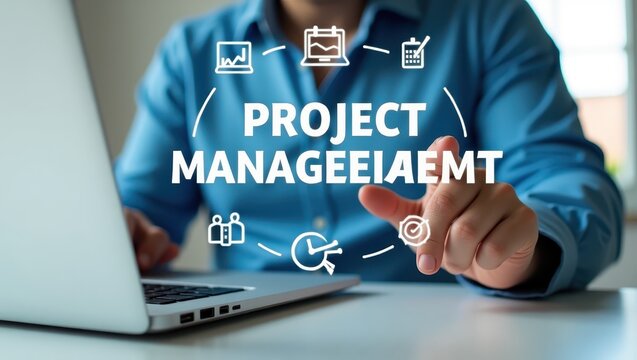 Person interacting with a holographic projection of project management.