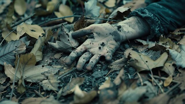 Close up of a dirty hand of a dead boy or girl half-buried, surrounded by dry leaves, found in a dark park or forest. Crime scene with a person murdered by a serial killer