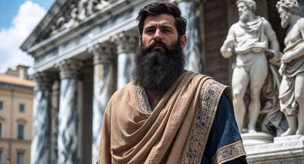 Naklejka premium Bearded man in chiton standing near marble statue background