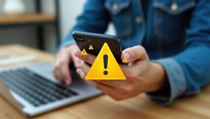A warning sign overlaying a mobile phone.
