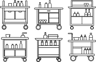 Set of Home bar cart outline vector illustration, line art
