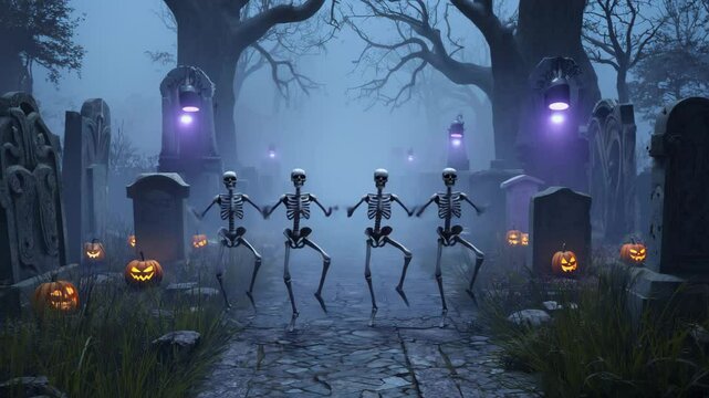 skeletons dancing together in a foggy haunted graveyard with halloween pumpkins at night