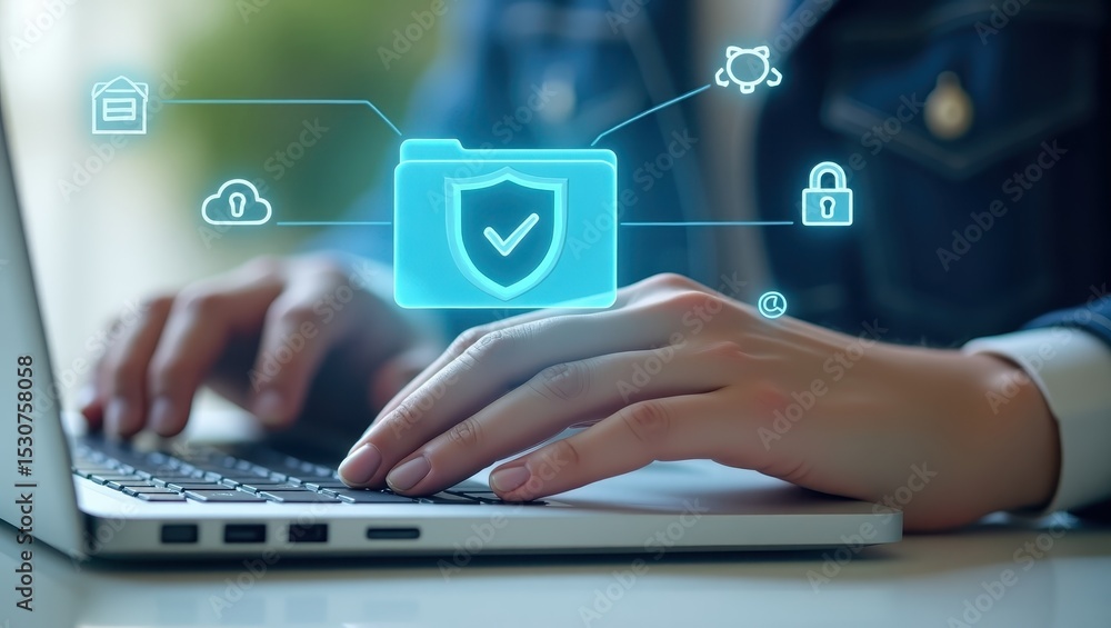 Poster person using a laptop with a digital security folder graphic overlay.