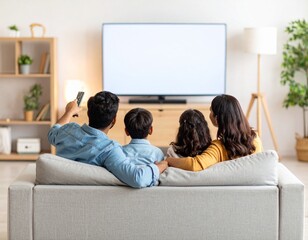 Indian father, mother, and two kids watching TV together in a cozy living room