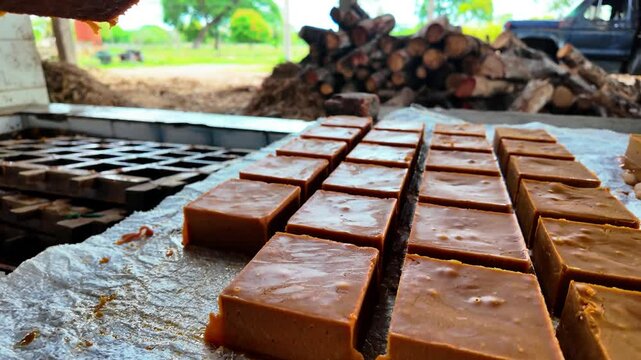 Freshly cut brown sugar blocks made by hand using a traditional method in Venezuela