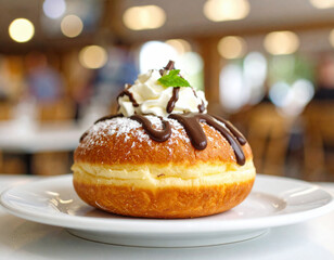 A delicious donut  topped with whipped cream, chocolate drizzle, powdered sugar, and a small mint leaf sits on a white plate in a cozy café.