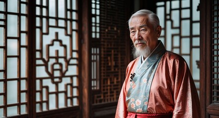 Elderly man in traditional silk robe standing by wooden lattice window Chinese heritage culture concept