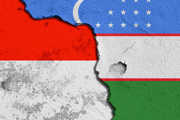 Cracked Wall Featuring Combined Flags of Uzbekistan and Indonesia. Image depicting a cracked wall...