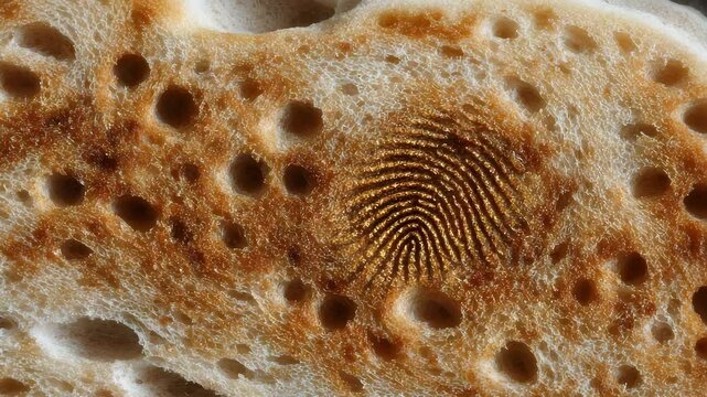 Unhygienic food , Golden toasted bread close up showcasing unique fingerprint pattern and rich textures of food.
