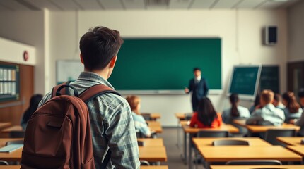 A college student was late for his class wearing a plaid shirt and a brown backpack