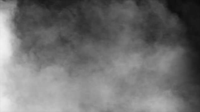 Thick white rolling fog or smoke bank enters from bottom left, spreading to fill the screen. Atmospheric overlay for mystery, transitions or VFX