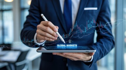 Person holding a tablet with global markets displayed.