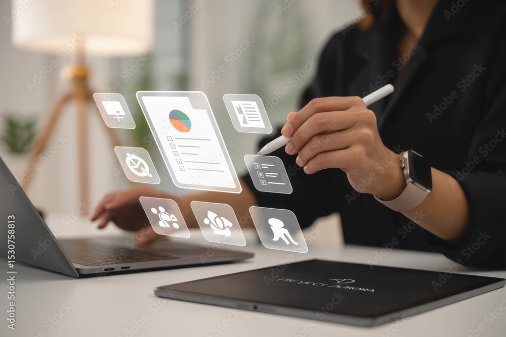Poster a person interacts with digital documents and project management icons on a tablet.