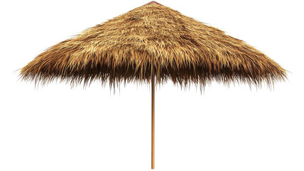 A thatched umbrella stands tall on a sandy beach, offering shade under a bright sun against a clear sky