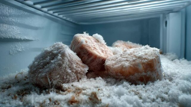 Unhygienic food , Frost Buildup on Frozen Food in Freezer Chilly Scene of Ice and Cold Effects on Low Temperatures
