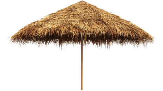 A thatched umbrella stands tall on a sandy beach, offering shade under a bright sun against a clear sky - Powered by Adobe