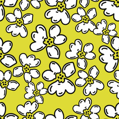 Seamless floral pattern, colorful ditsy print, abstract ornament in retro folk motif. Pretty decorative art botanical design of hand drawn large, small flowers, leaves, wild herbs. Vector illustration