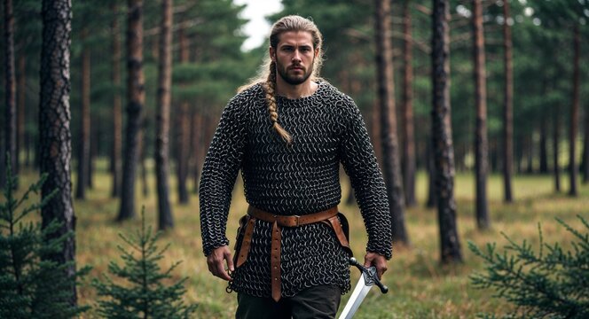 Man in chainmail walking through pine woods with sword Viking culture concept