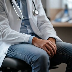 Obraz premium Medical professional in a white lab coat and stethoscope, sitting thoughtfully with hands clasped, portraying dedication or contemplation in a healthcare setting
