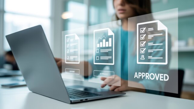 Woman working on a laptop with digital document approvals.