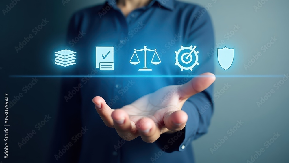 Poster hand displaying digital icons of justice, document verification, and security.