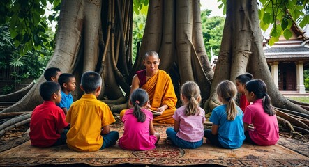 Monk teaching group of children under banyan tree Thailand culture concept