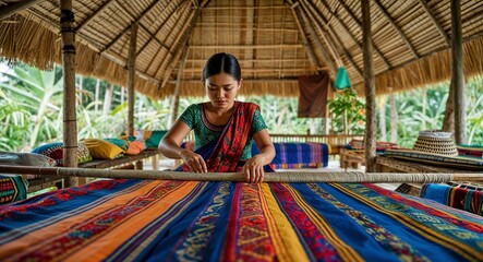 oung woman weaving traditional fabric inside nipa hut interior Filipino culture concept