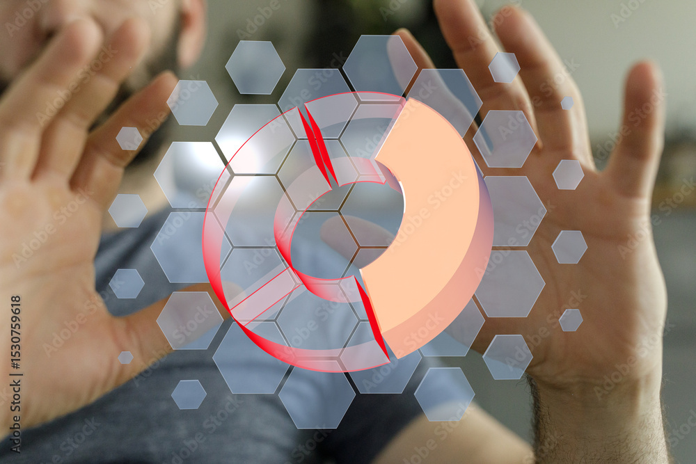 Poster Modern business analytics, data analysis, and visualization concept.  A person interacts with a 3D pie chart.