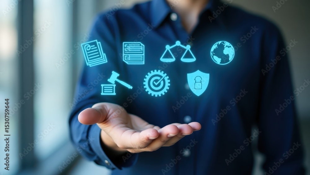 Poster hand displaying digital icons related to justice and security.
