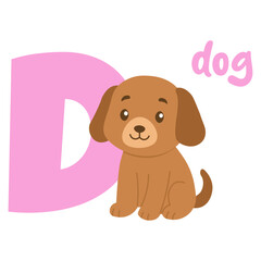 Dog alphabet letter D illustration. Puppy cartoon character design. Education kids animal learning