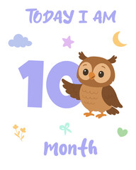 Owl ten months milestone illustration. Baby age chart design. Cute monthly celebration graphic