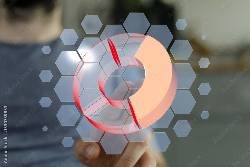 Poster Person interacts with a 3D pie chart on a touchscreen device, showcasing data analysis.
