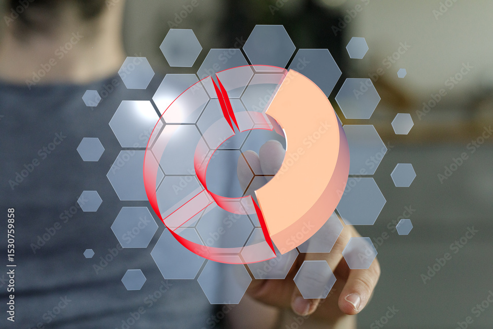 Leinwandbilder person interacts with a 3d pie chart on a touchscreen interface. data analysis, technology concept.