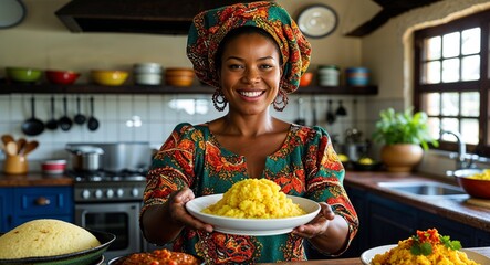 Smiling woman serving pap and chakalaka in homestead kitchen South African culture concept