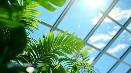 Vibrant interior shot of sunlit atrium featuring lush green plants and clear blue sky. sunlight creates warm and inviting