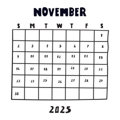 Calendar. November 2025. Black color. Vector illustration on white background.