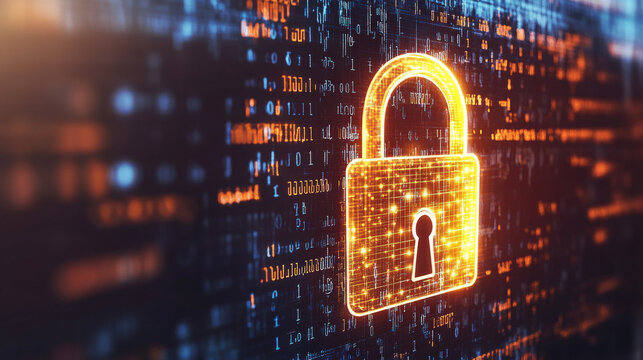 Glowing digital lock symbolizing AI copyright protection with binary code, representing cybersecurity, data privacy, and intellectual property concepts in modern technology.