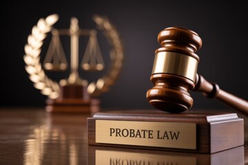 Wooden gavel and probate law sign on a table.