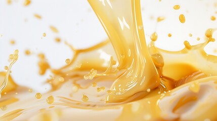 A smooth splash of honey milkshake, droplets flying in all directions against a bright white background.