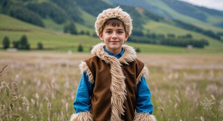 Young boy in furlined shepherd costume standing on puszta grassland background