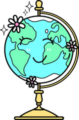 Retro Groovy Cartoon Globe with Flowers Illustration