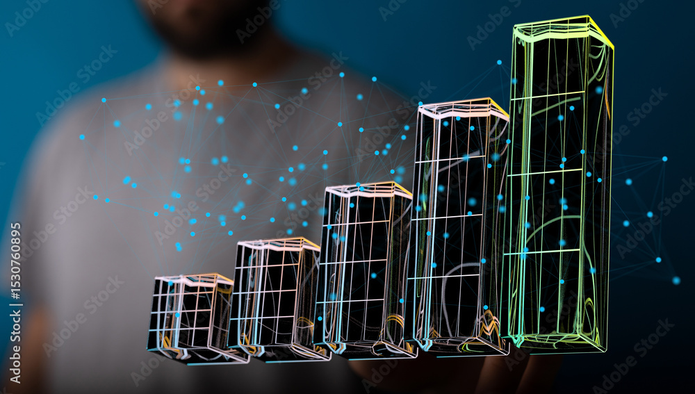 Poster stock photo of a bar graph showing business growth. ideal for presentations on financial success.